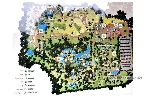 Le plan du zoo de Rabat. Le Jardin Zoologique accueille 1000 animaux de 130 espèces différentes.
