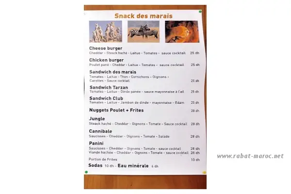 Les snacks et restaurants du zoo de Rabat. Ici le menu du snack des marais, restaurant sur pilotis avec une vue magnifique sur les espaces humides.