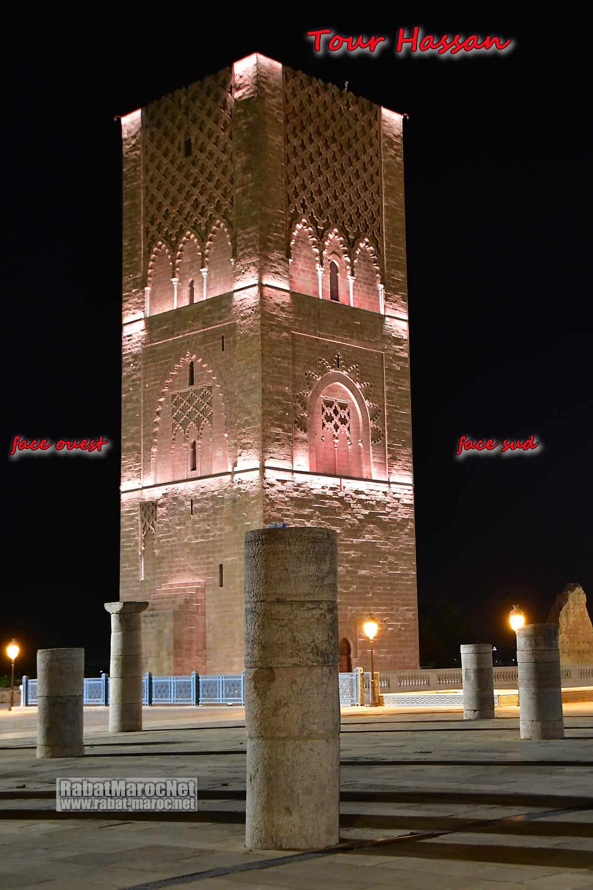 Faces ouest et sud de la tour hassan dans son nouvel éclairage par LED